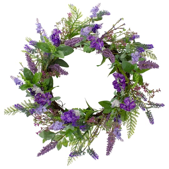 20&#x22; Purple Lavender &#x26; Spring Foliage Artificial Wreath